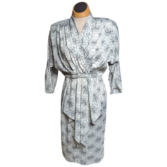 Vtg 1980s Positive Influence White Black Pointillist Floral Drape Midi Dress 7 8 - Picture 2 of 7